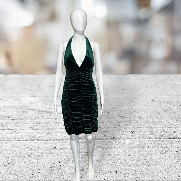 Aidan Mattox Green Velvet Halter Neck Short Plunging Neck Dress - Picture 2 of 11
